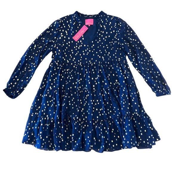 Lilly Pulitzer Sarita Silk Dress Navy Gold Metallic Silk Clip Size 10 - Picture 5 of 14